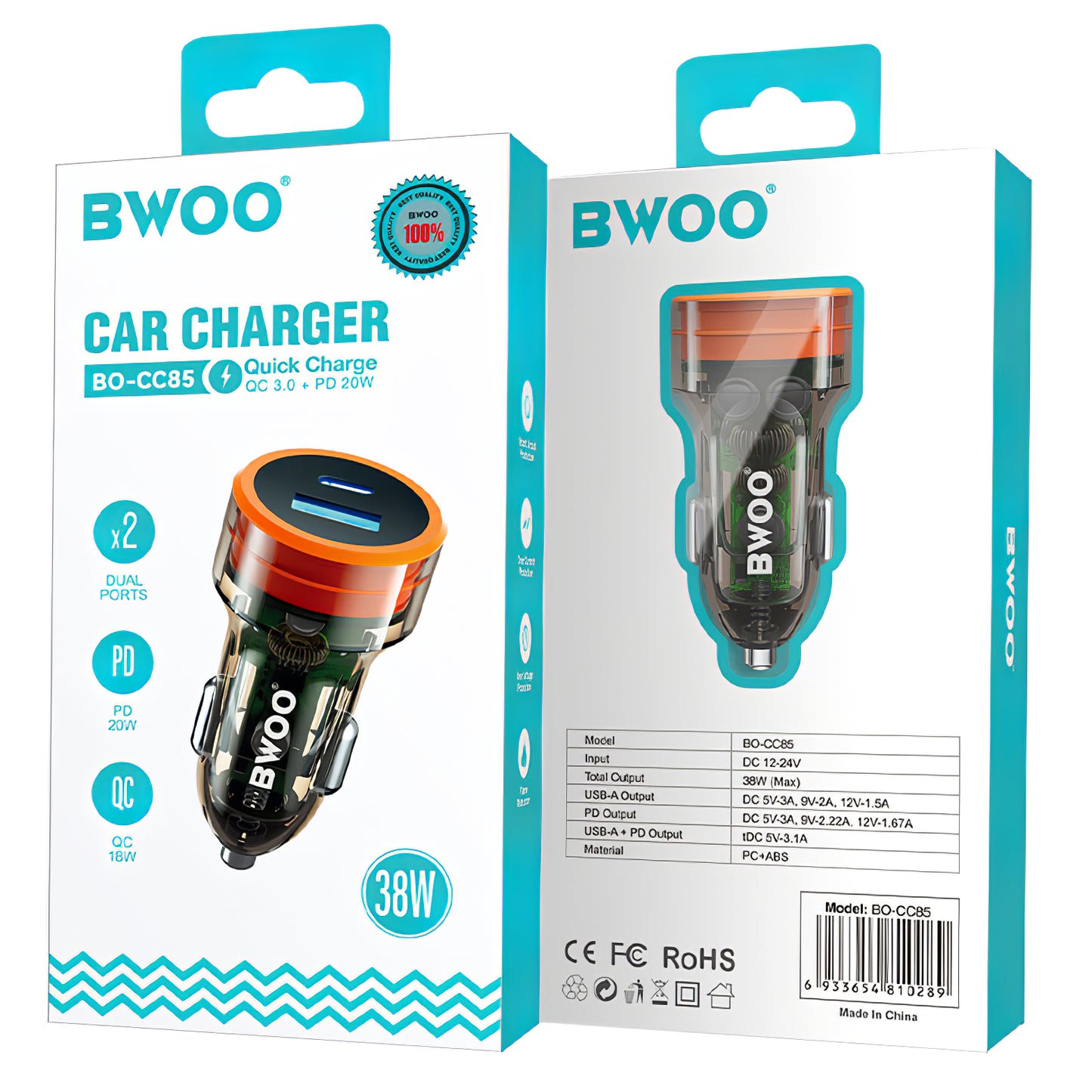 Autoladegerät BWOO BO-CC85, 38W, 3A, 1 x USB-A - 1 x USB-C, Schwarz
