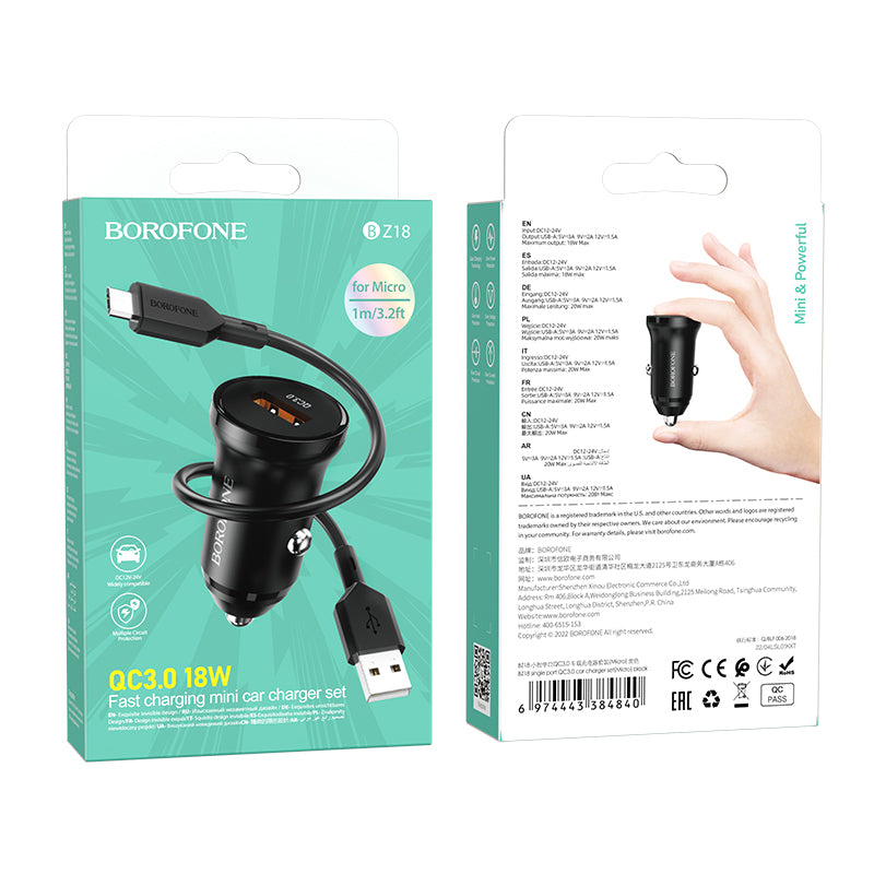 Chargeur de voiture avec câble microUSB Borofone BZ18, 18W, 3A, 1 x USB-A, Noir