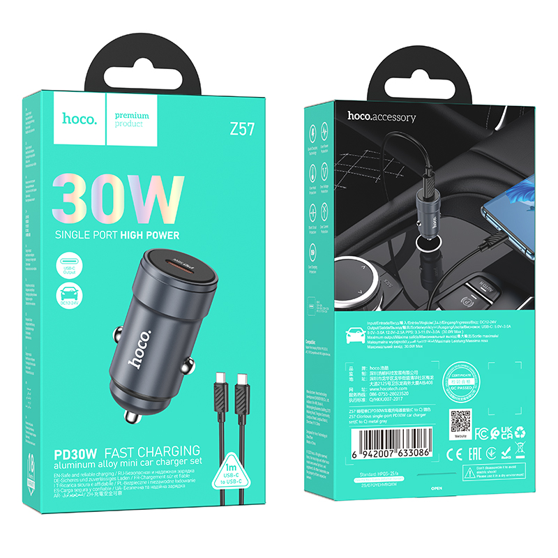 Chargeur Auto Avec Câble USB-C HOCO Z57, 30W, 3A, 1 x USB-C, Gris