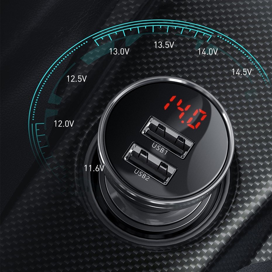 Chargeur de voiture avec câble Lightning - microUSB - USB-C Baseus Digital Display, 24W, 2.4A, 2 x USB-A, Gris TZCCBX-0G