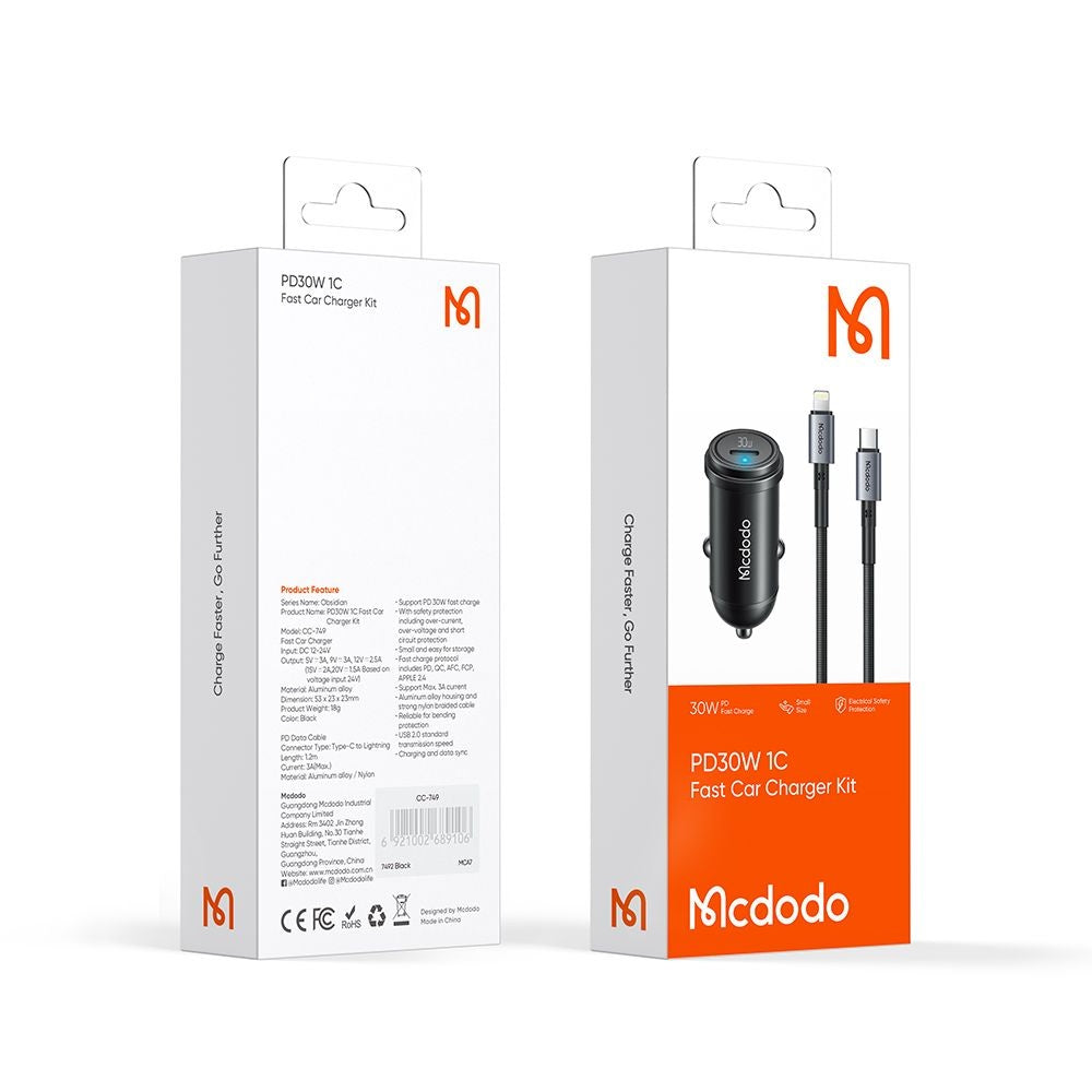 Auto-Ladegerät mit Lightning-Kabel McDodo CC-7492 Obsidian, 30W, 3A, 1 x USB-C, Schwarz