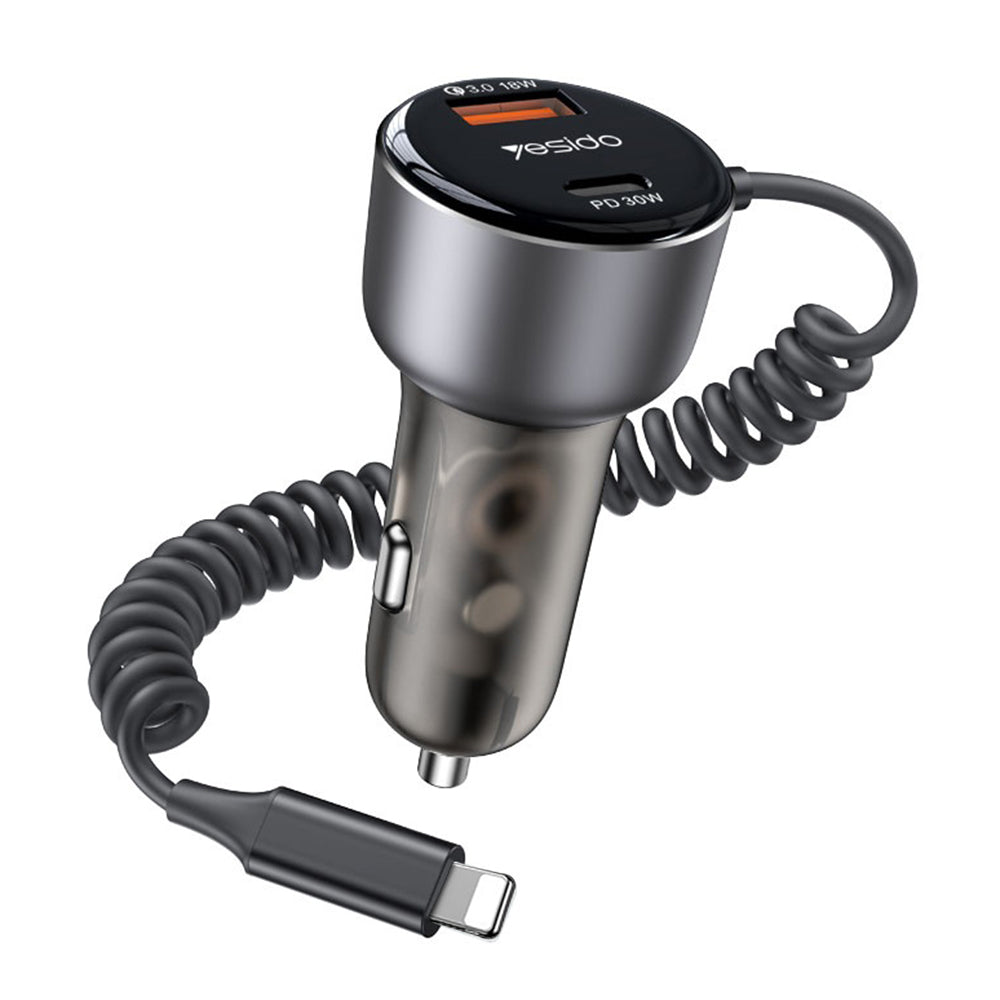 Chargeur de voiture avec câble Lightning Yesido Y57, 50W, 3A, 1 x USB-A - 1 x USB-C, Noir