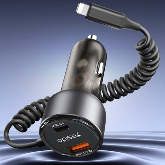 Chargeur de voiture avec câble Lightning Yesido Y57, 50W, 3A, 1 x USB-A - 1 x USB-C, Noir