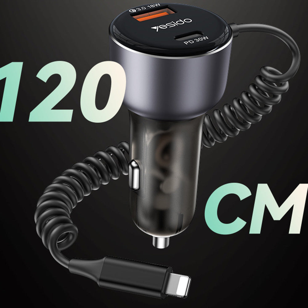 Chargeur de voiture avec câble Lightning Yesido Y57, 50W, 3A, 1 x USB-A - 1 x USB-C, Noir
