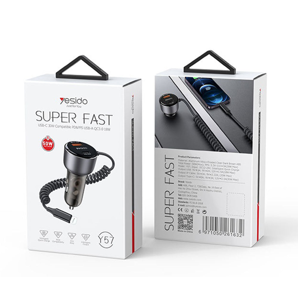 Chargeur de voiture avec câble Lightning Yesido Y57, 50W, 3A, 1 x USB-A - 1 x USB-C, Noir