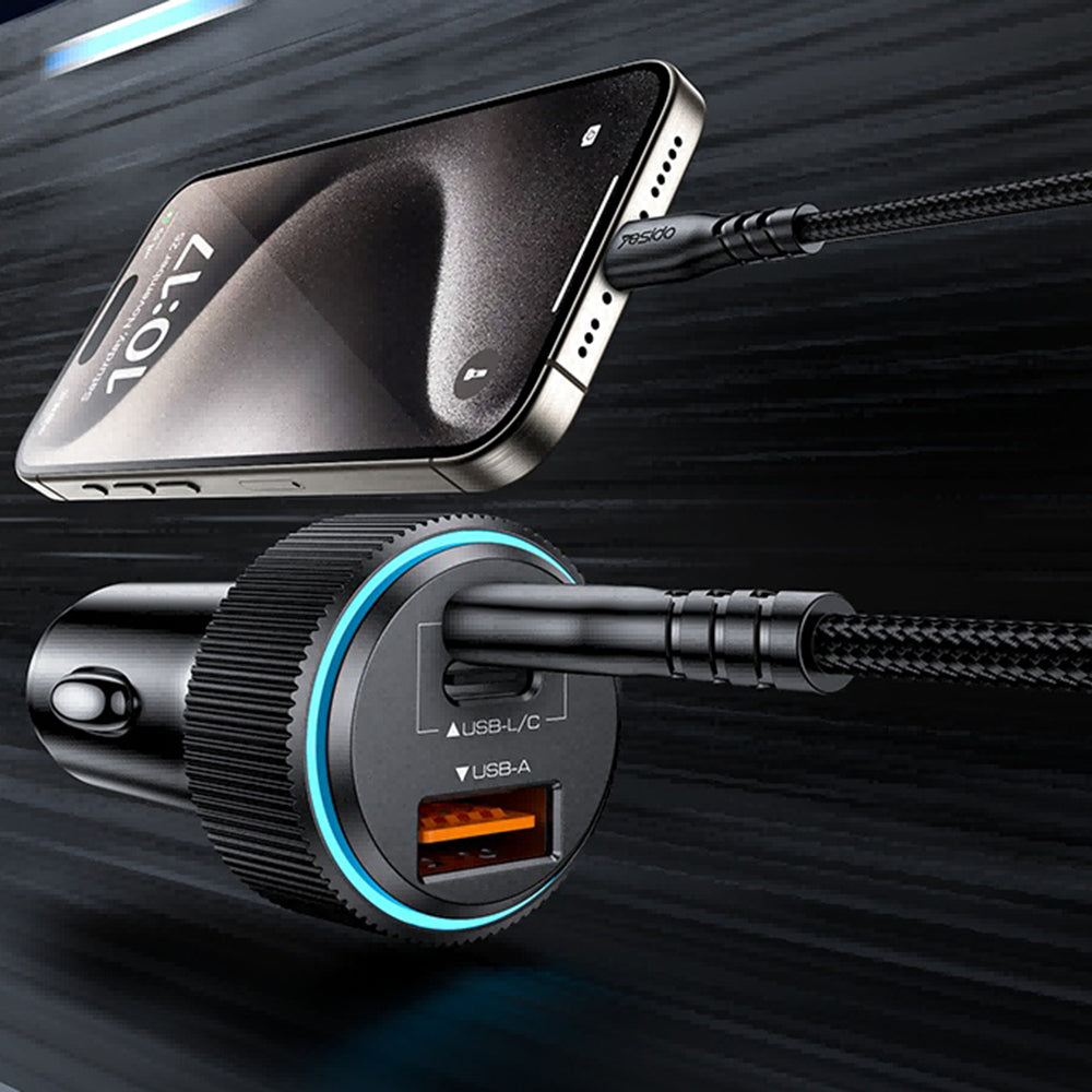 Chargeur de voiture avec câble Lightning Yesido Y60, 38W, 3A, 1 x USB-A - 2 x USB-C, Noir