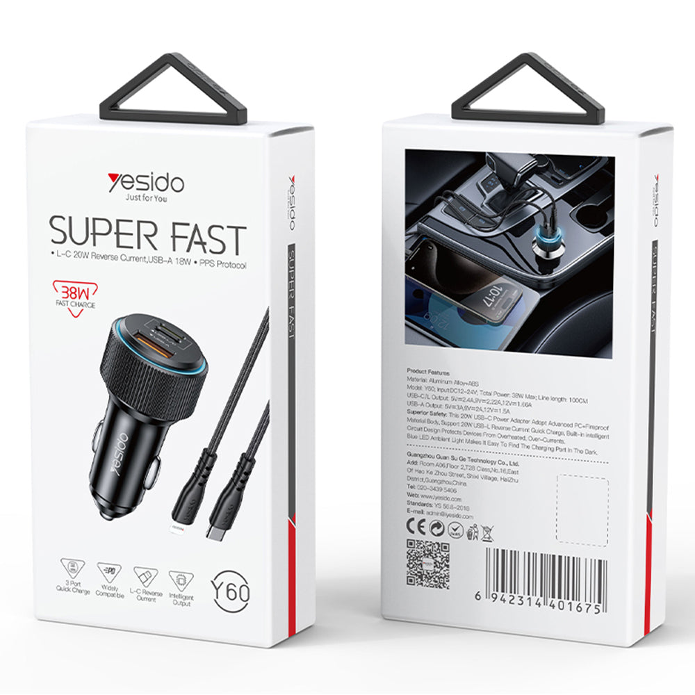 Chargeur de voiture avec câble Lightning Yesido Y60, 38W, 3A, 1 x USB-A - 2 x USB-C, Noir