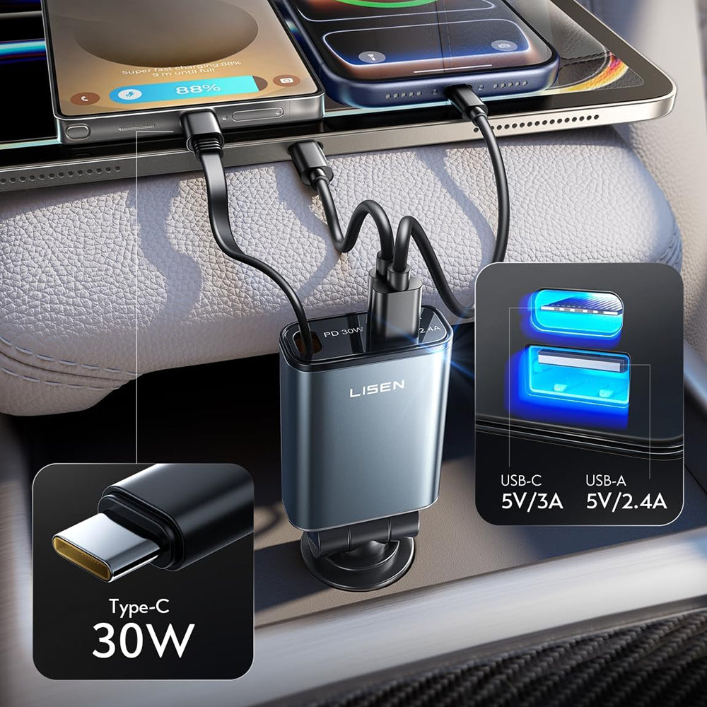 Chargeur de voiture avec câble USB-C Lisen, 57W, 3A, 1 x USB-A - 1 x USB-C, Noir YL0325010016