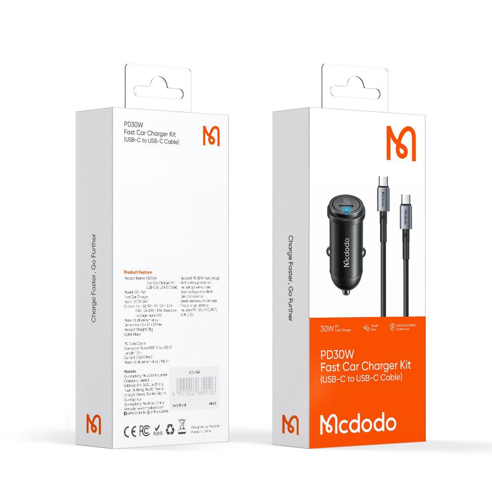 Chargeur de voiture avec câble USB-C McDodo CC-7493 Obsidian, 30W, 3A, 1 x USB-C, Noir