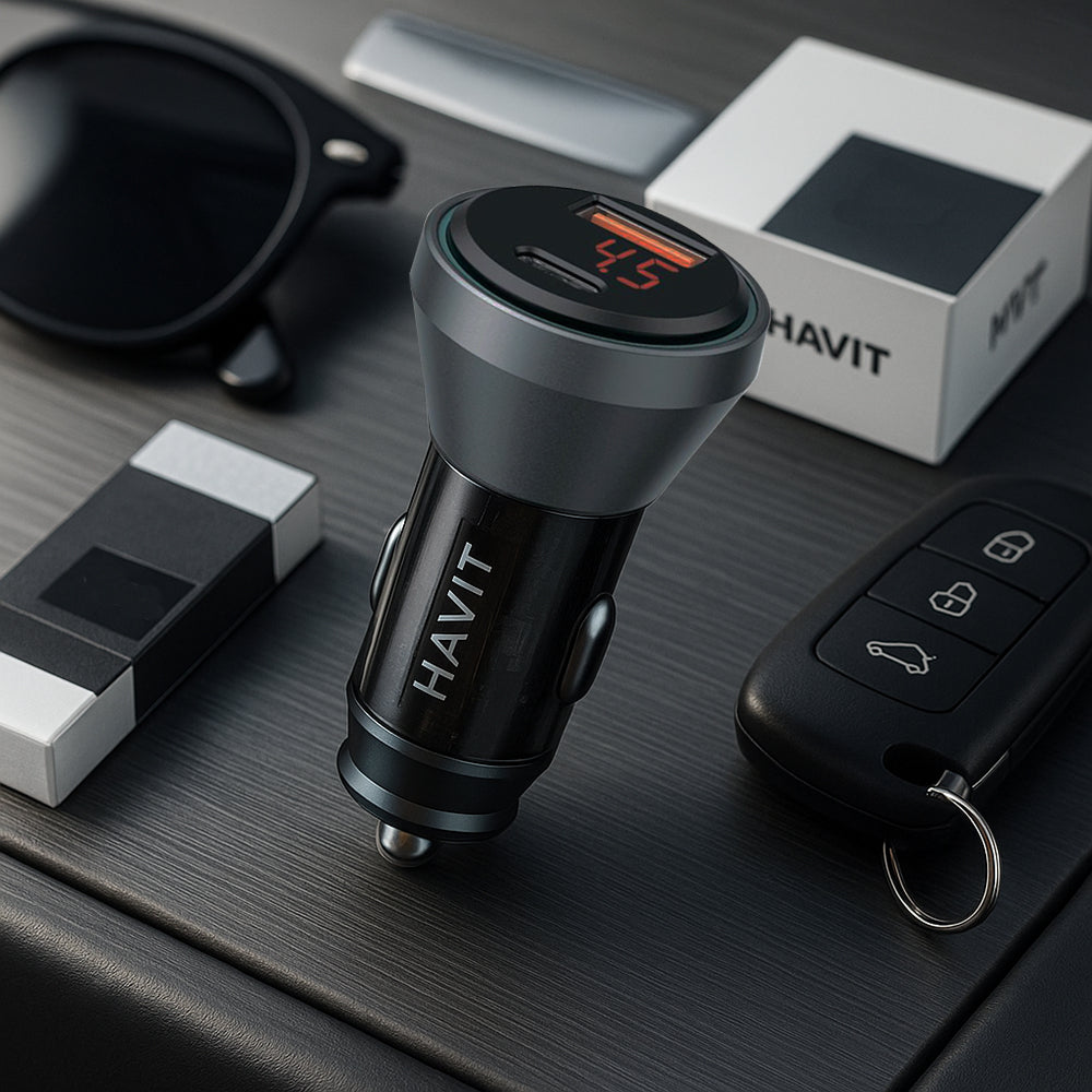 Chargeur Auto HAVIT CC2017, 45W, 3A, 1 x USB-A - 1 x USB-C, Noir Bleu