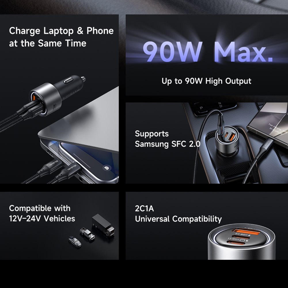 Chargeur Auto McDodo CC-3110 Gana, 90W, 3A, 1 x USB-A - 2 x USB-C, Noir