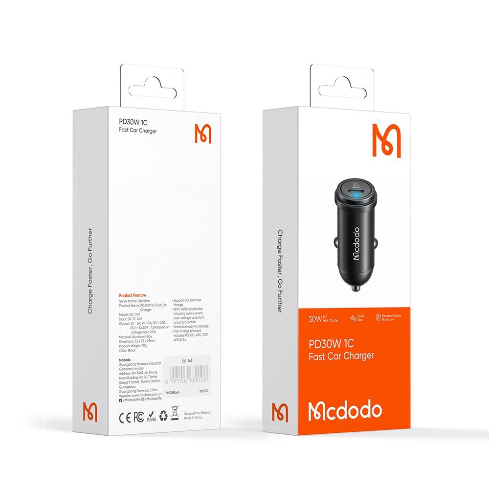 Auto-Ladegerät McDodo CC-7491 Obsidian, 30W, 3A, 1 x USB-C, Schwarz