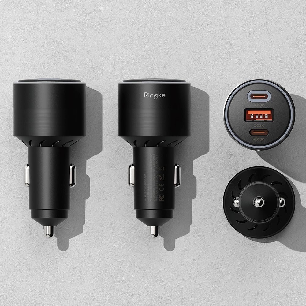 Chargeur de voiture Ringke, 30W, 3A, 1 x USB-A - 2 x USB-C, Noir