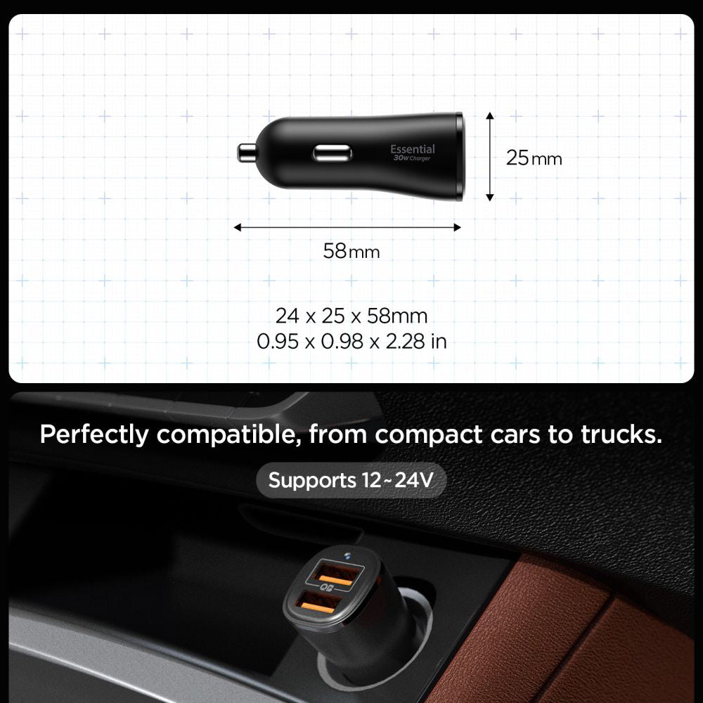 Chargeur de voiture Spigen EV302 Essential, 30W, 3A, 2 x USB-A, Noir ACP08700