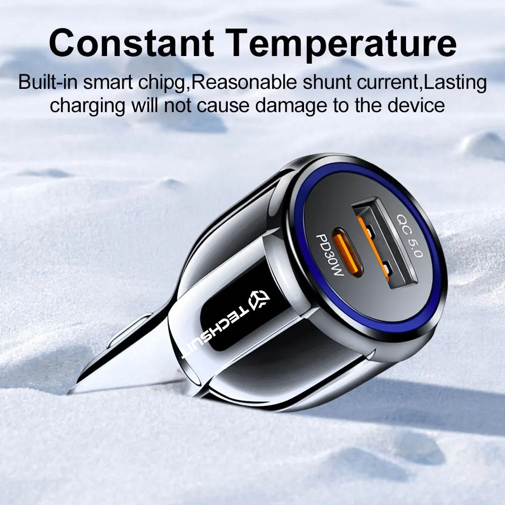 Chargeur Auto Techsuit TE-022 Premium, 60W, 3A, 1 x USB-A - 1 x USB-C, Noir