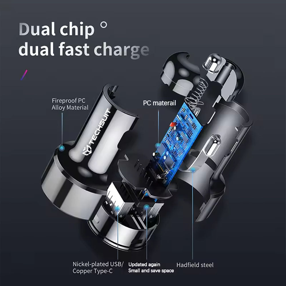 Chargeur Auto Techsuit TE-P31 Premium, 48W, 3A, 1 x USB-A - 1 x USB-C, Noir