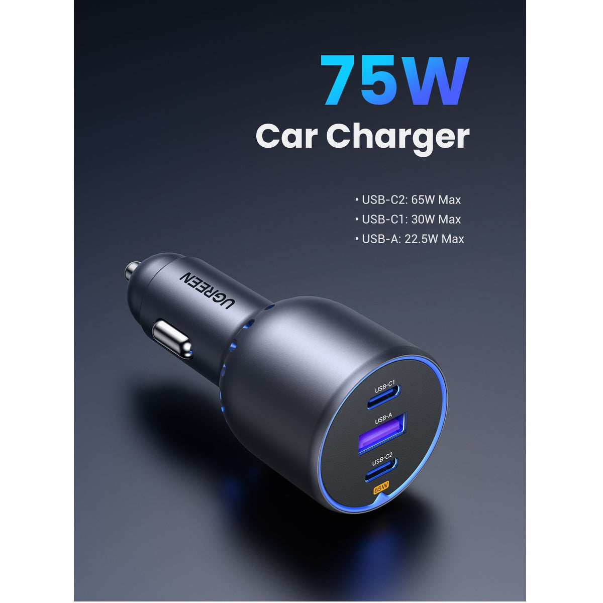 KFZ-Ladegerät UGREEN EC703, 75W, 3.25A, 1 x USB-A - 2 x USB-C, Schwarz