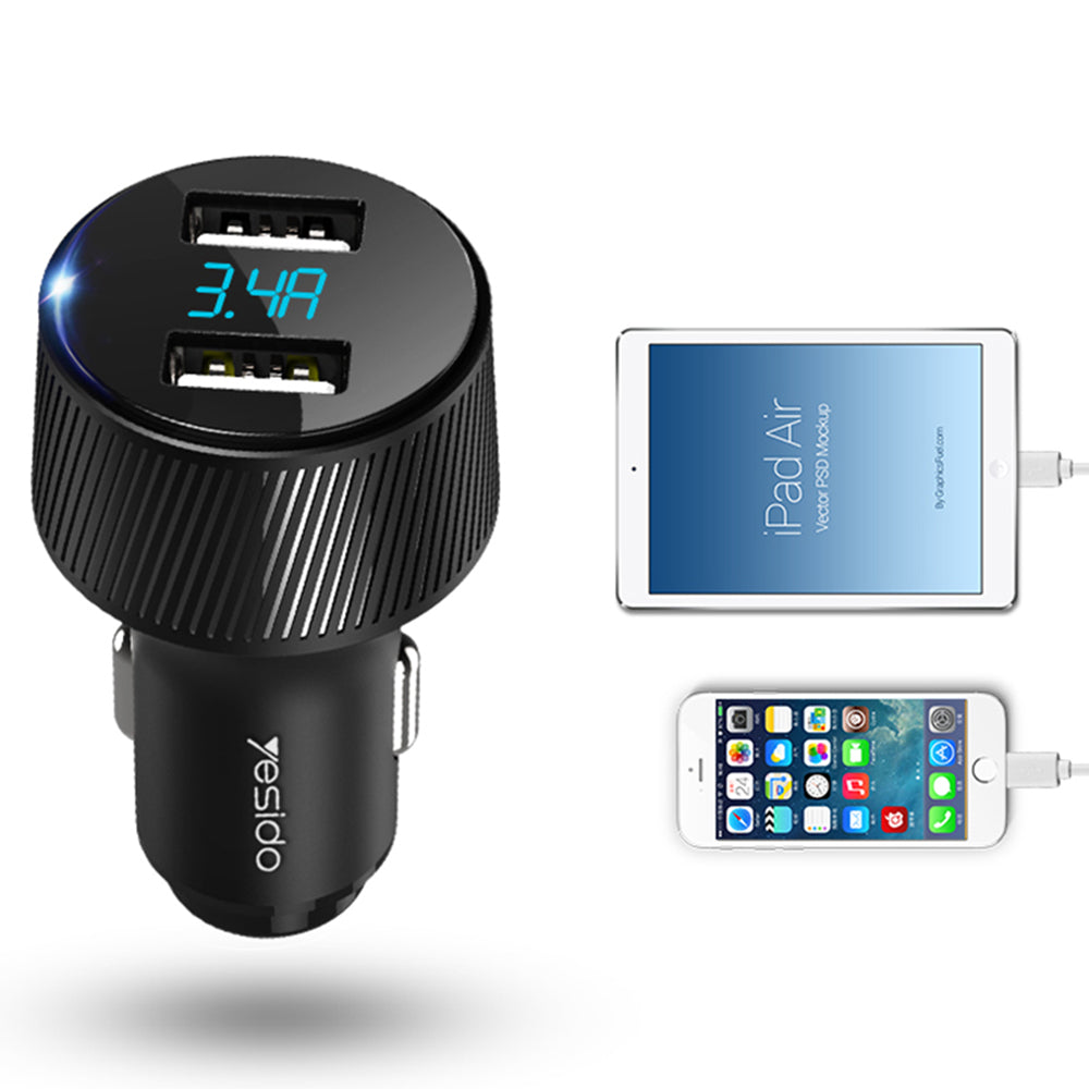 Chargeur de voiture Yesido Y31 Display, 18W, 3A, 2 x USB-A, Noir