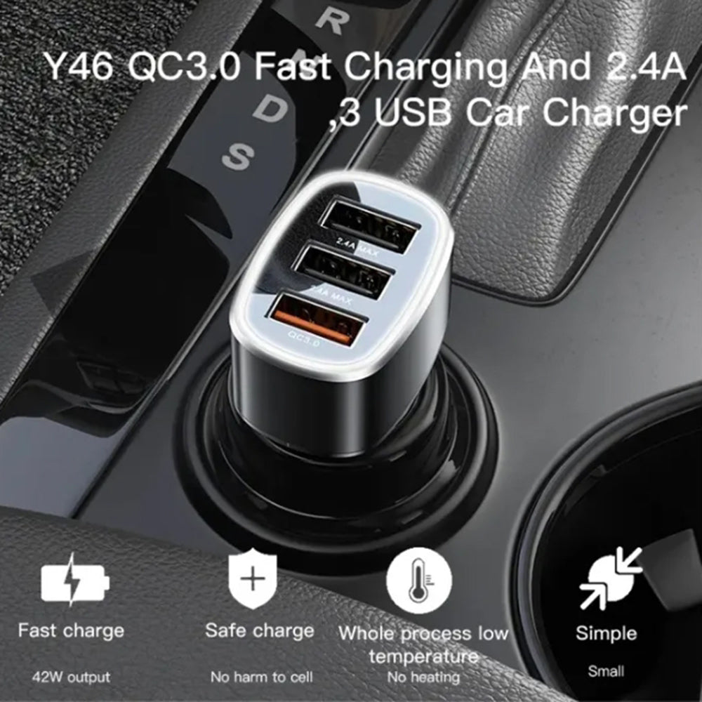 Chargeur de voiture Yesido Y46, 42W, 3A, 3 x USB-A, Noir