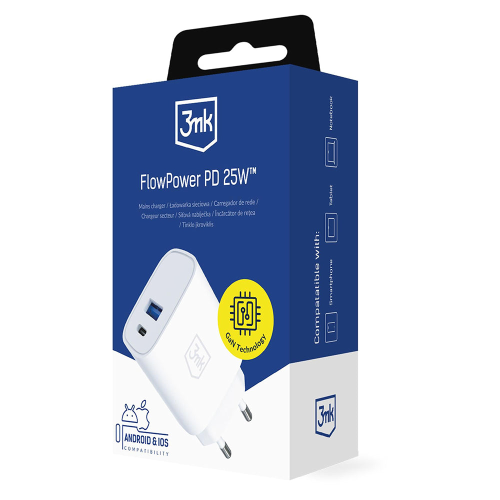 3MK FlowPower Network Charger, 25W, 1 x USB-A - 1 x USB-C, White