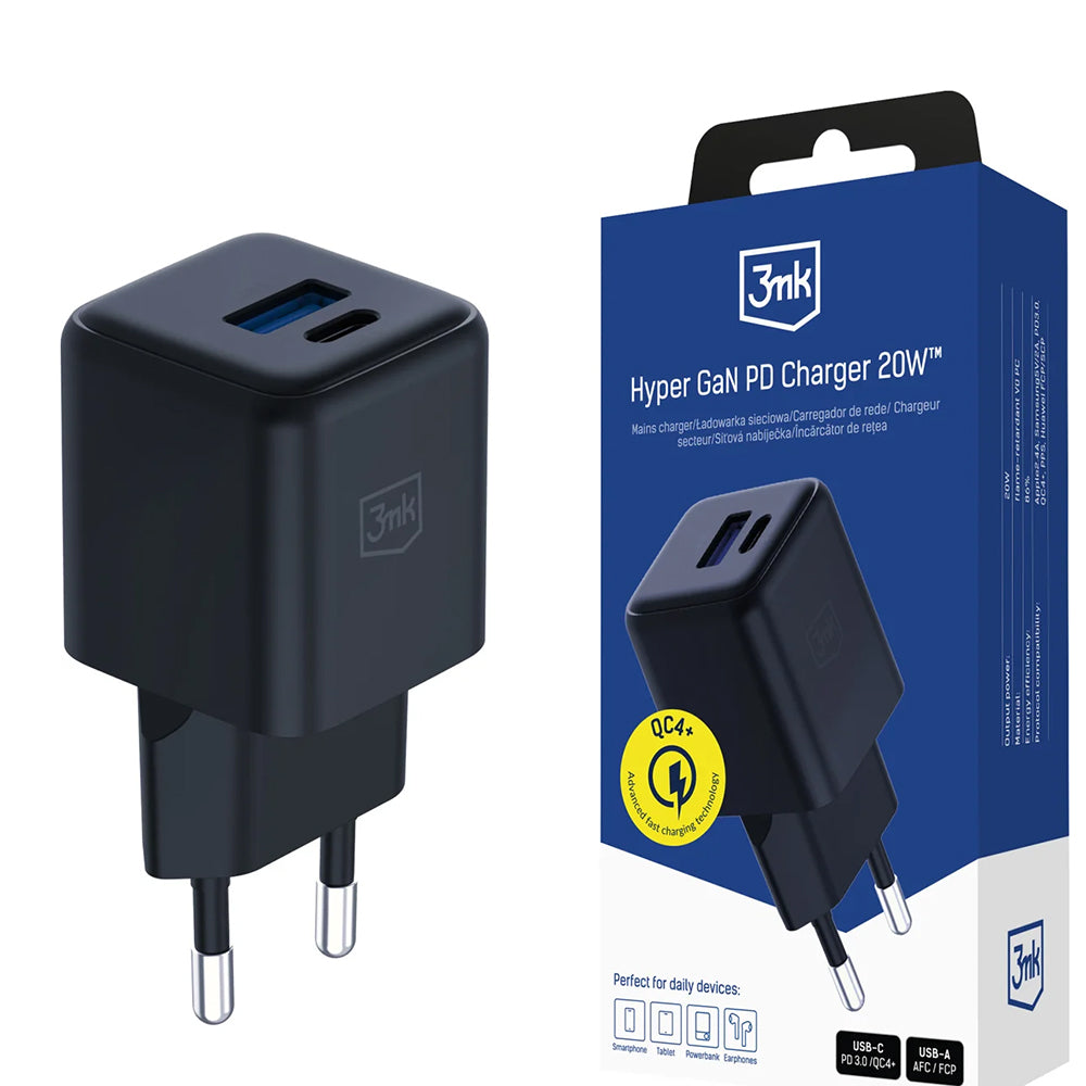 Chargeur Réseau 3MK Hyper, 20W, 3A, 1 x USB-A - 1 x USB-C, Noir