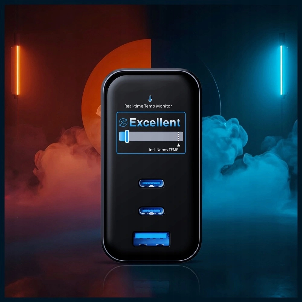 Chargeur Secteur 3MK InCharge Lumin Display, 67W, 5A, 1 x USB-A - 2 x USB-C, Noir