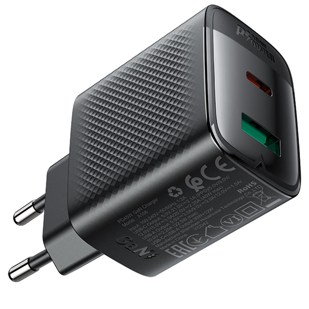 Chargeur réseau Acefast A106, 45W, 3A, 1 x USB-A - 1 x USB-C, Noir