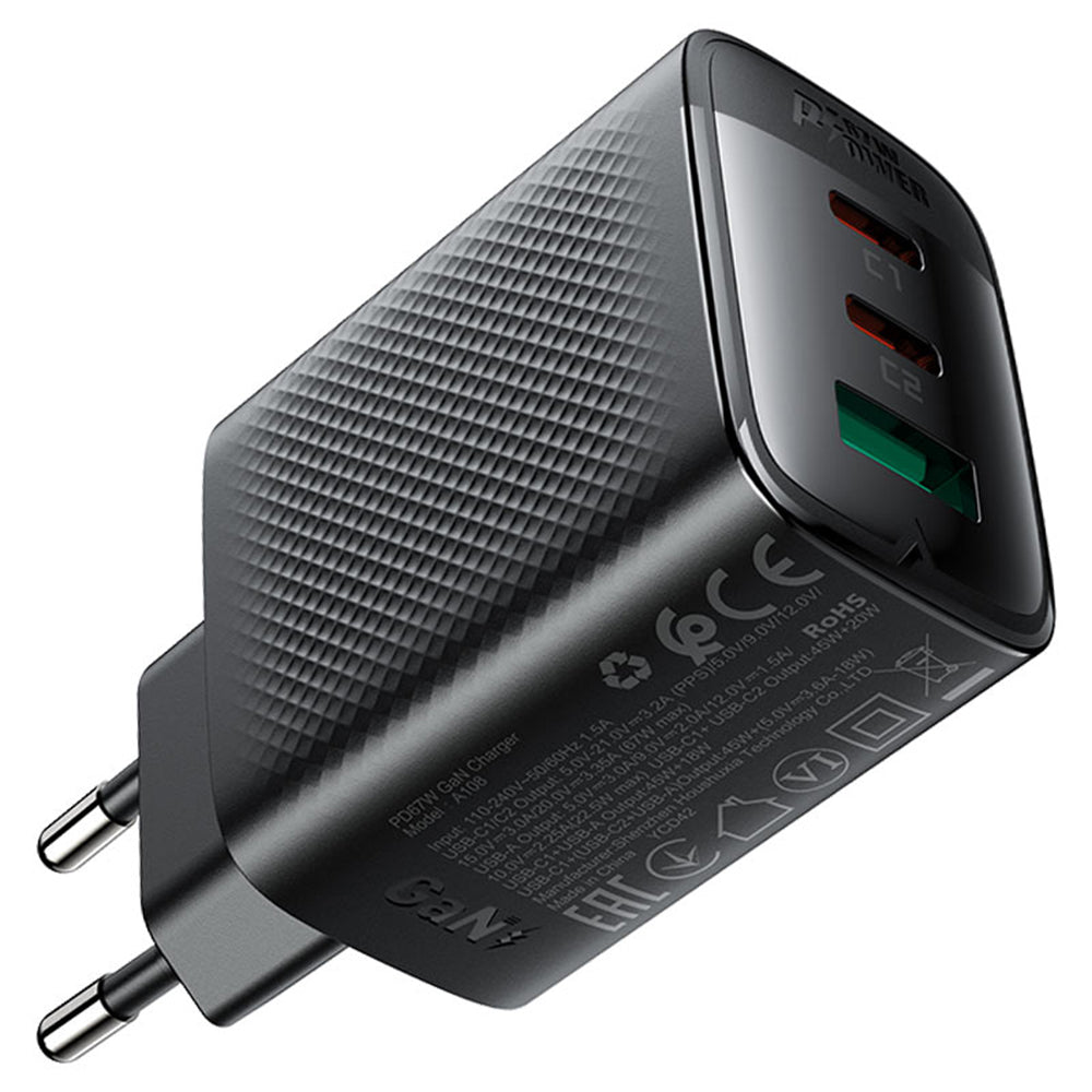 Chargeur Réseau Acefast A108, 67W, 3A, 1 x USB-A - 2 x USB-C, Noir