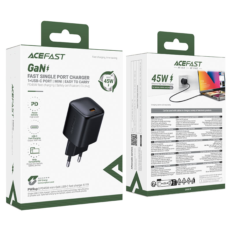 Chargeur Réseau Acefast A119, 45W, 3A, 1 x USB-C, Noir