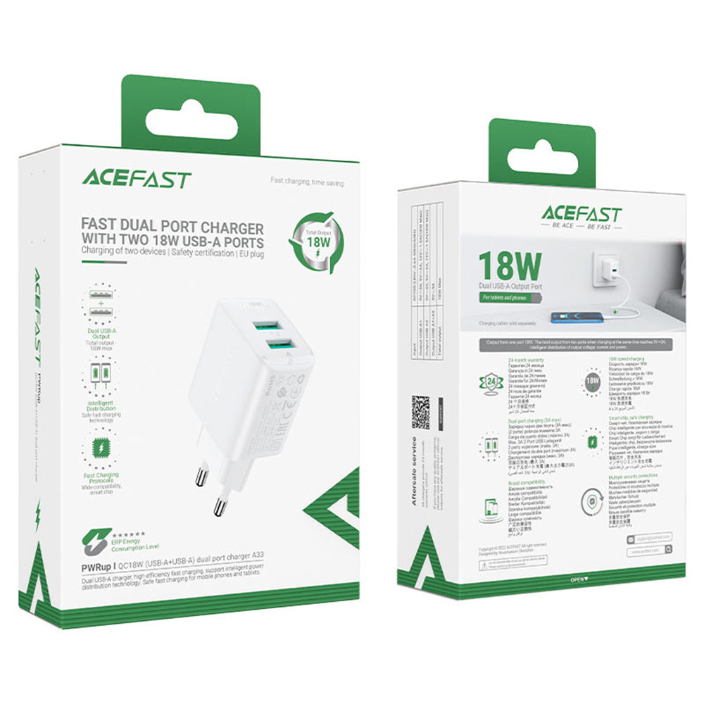 Chargeur réseau Acefast A33, 18W, 3A, 2 x USB-A, Noir