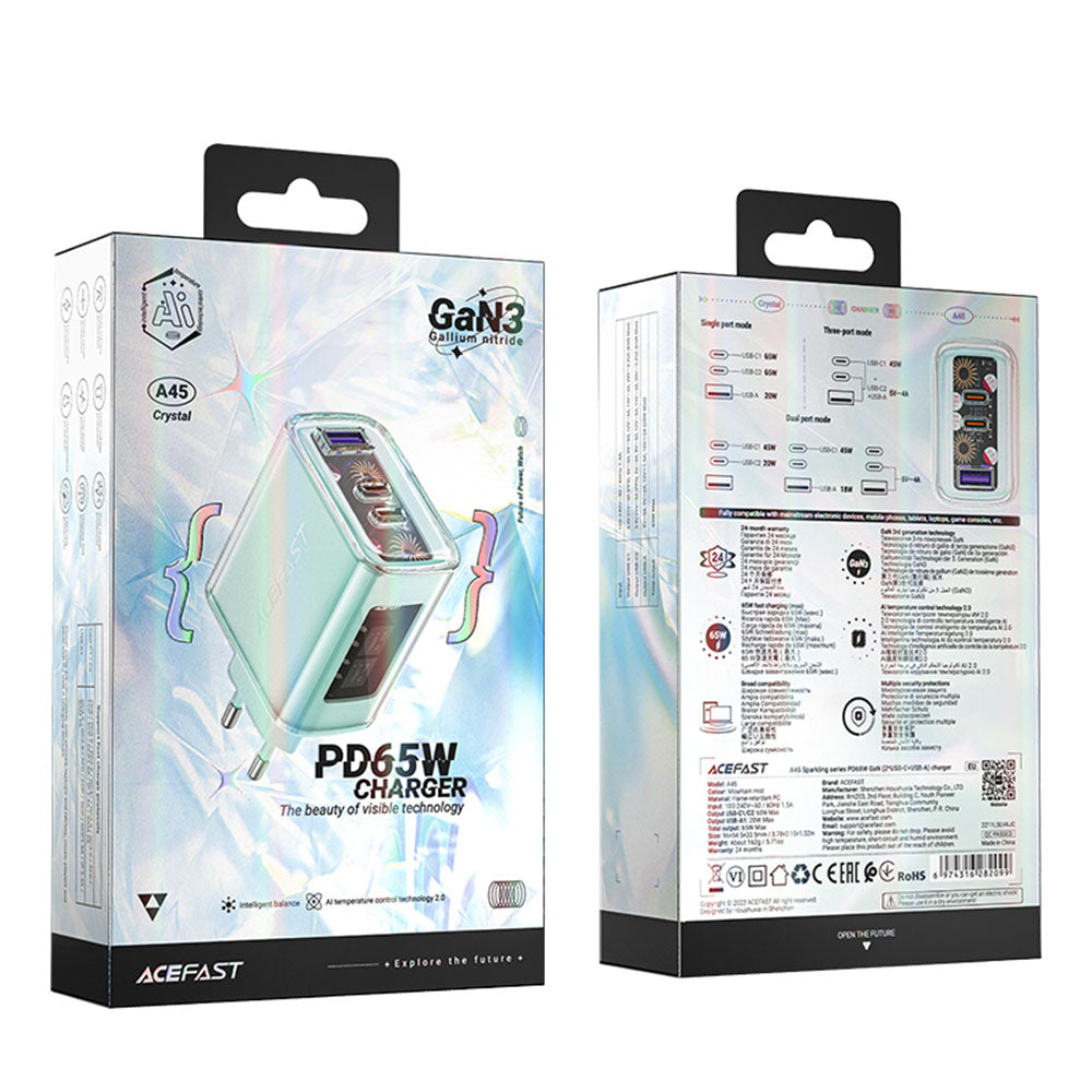 Chargeur Réseau Acefast A45 Exploration, 65W, 3.25A, 1 x USB-A - 2 x USB-C, Vert