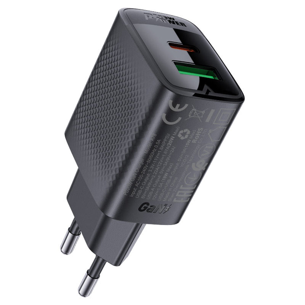 Chargeur Réseau Acefast A78, 20W, 3A, 1 x USB-A - 1 x USB-C, Noir