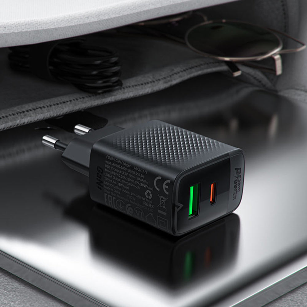 Chargeur Réseau Acefast A78, 20W, 3A, 1 x USB-A - 1 x USB-C, Noir