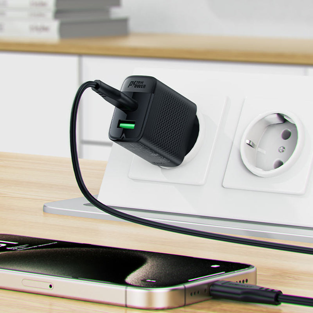Chargeur Réseau Acefast A78, 20W, 3A, 1 x USB-A - 1 x USB-C, Noir