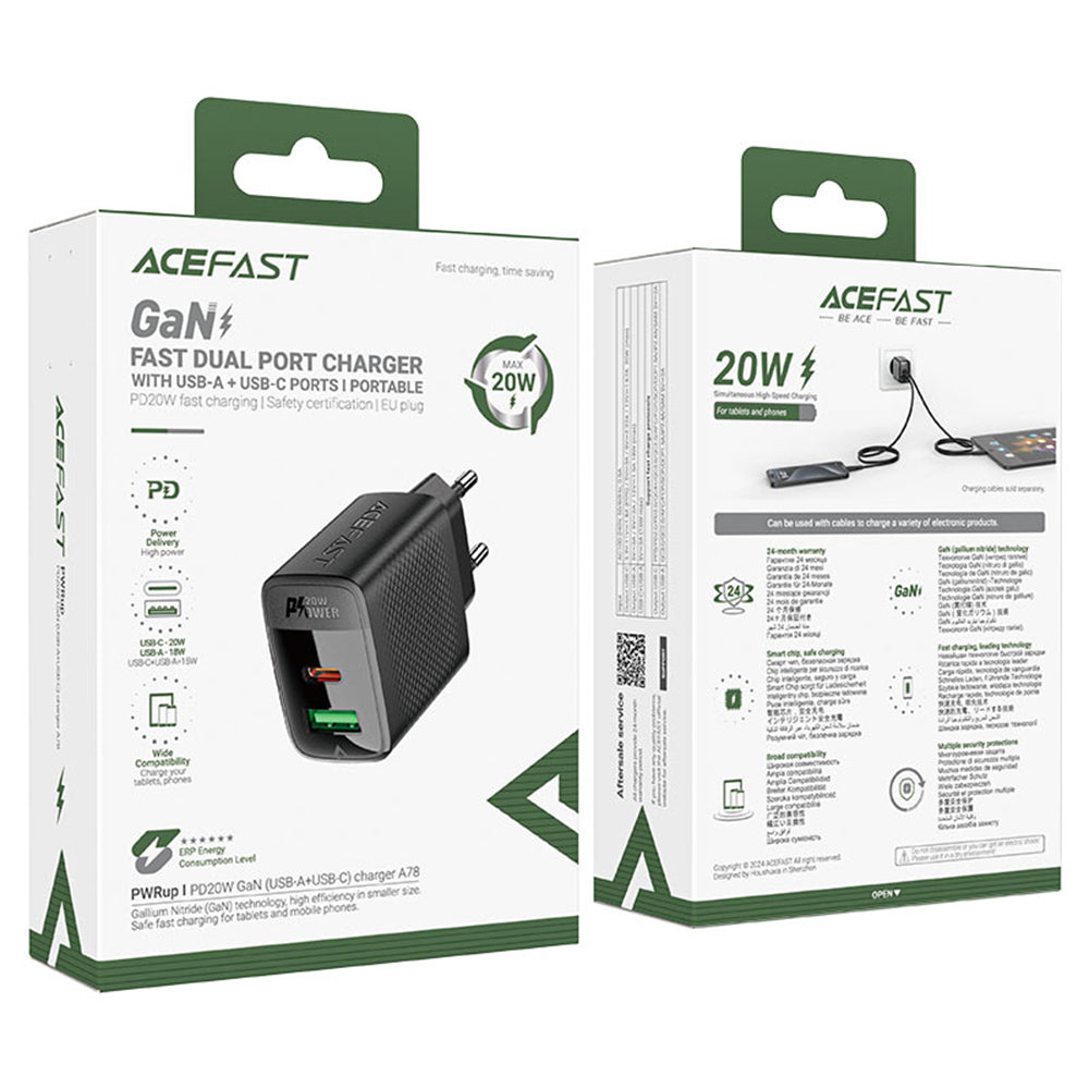 Chargeur Réseau Acefast A78, 20W, 3A, 1 x USB-A - 1 x USB-C, Noir