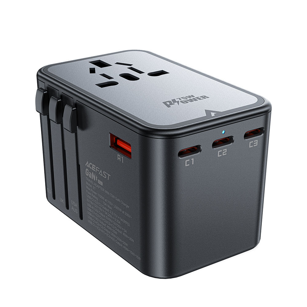 Acefast Travel Z1 Netzladegerät, 75W, 3.35A, 2 x USB-A - 3 x USB-C, Schwarz