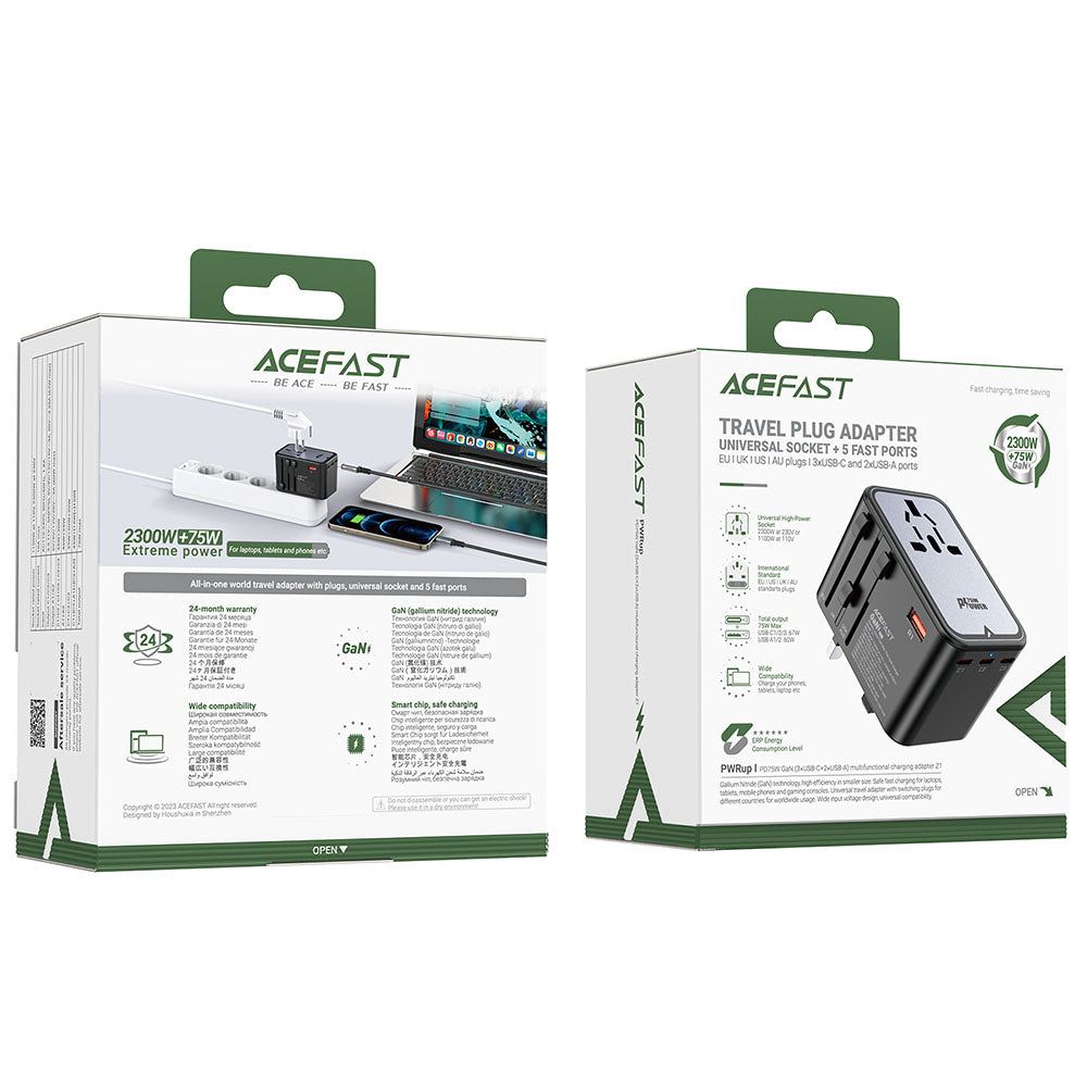 Acefast Travel Z1 Netzladegerät, 75W, 3.35A, 2 x USB-A - 3 x USB-C, Schwarz