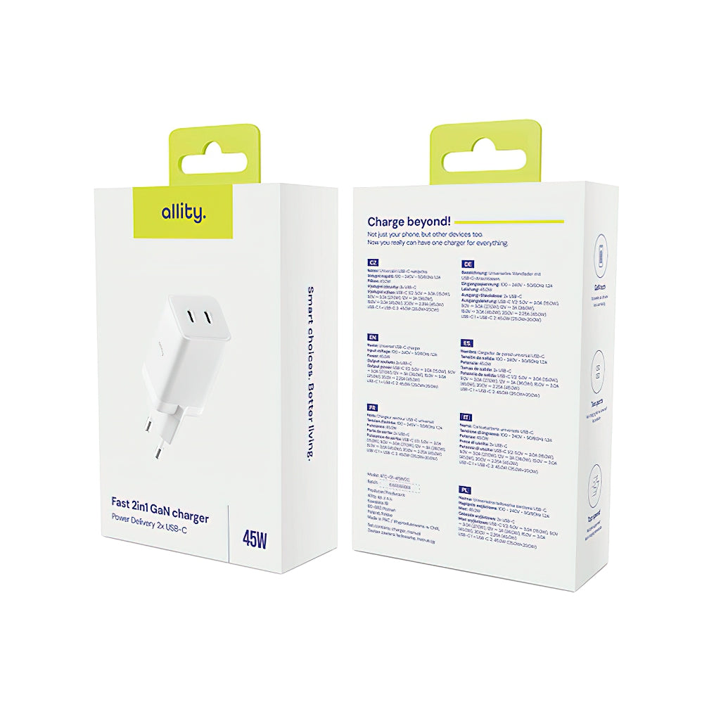 Chargeur Réseau Allity. ATC-01-45WCC Rapide, 45W, 3A, 2 x USB-C, Blanc