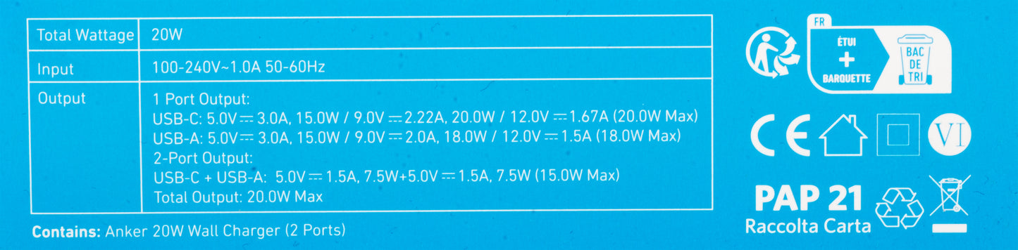 Chargeur réseau Anker 312, 20W, 3A, 1 x USB-A - 1 x USB-C, Blanc A2348G21