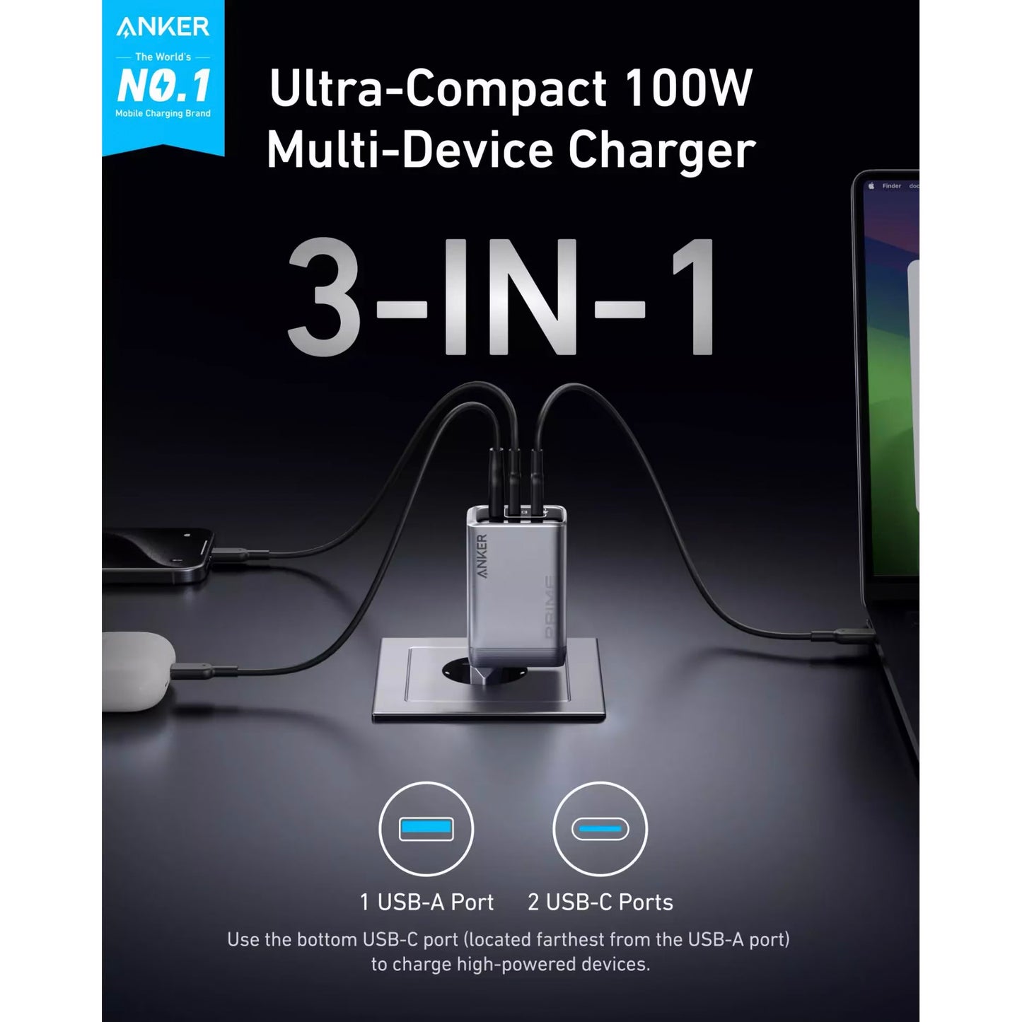 Chargeur réseau Anker Prime, 100W, 3A, 1 x USB-A - 2 x USB-C, Gris A2688341 A2688341