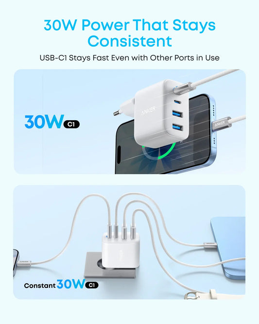 Anker Zolo Netzladegerät, 50W, 3A, 2 x USB-A - 2 x USB-C, Weiß