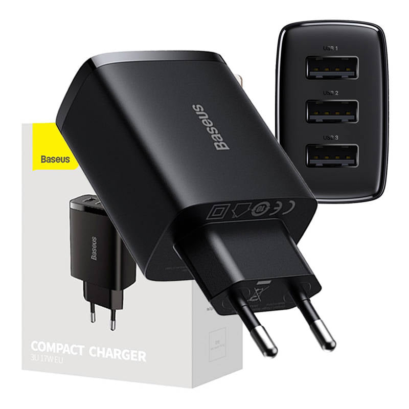 Chargeur réseau Baseus Compact 3U, 17W, 2.1A, 3 x USB-A, Noir CCXJ020101