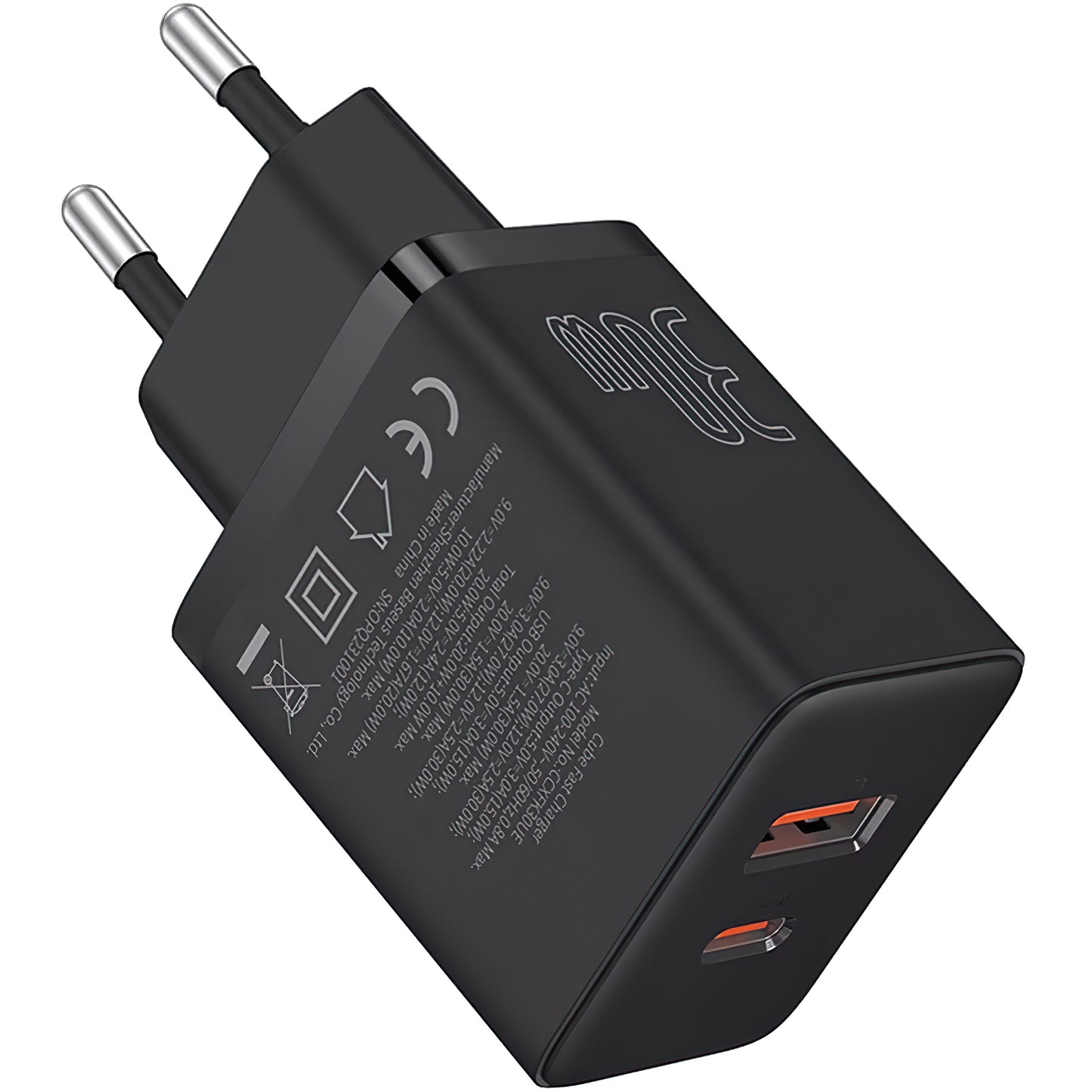 Chargeur réseau Baseus Cube, 30W, 2,4A, 1 x USB-A - 1 x USB-C, Noir P10111404113113-00