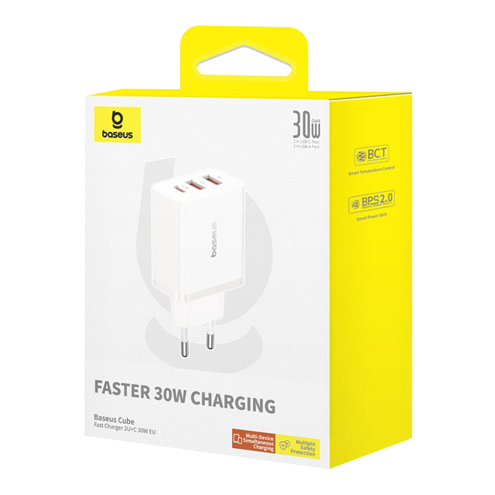 Chargeur Réseau Baseus Cube, 30W, 3A, 2 x USB-A - 1 x USB-C, Blanc P10111402213-00