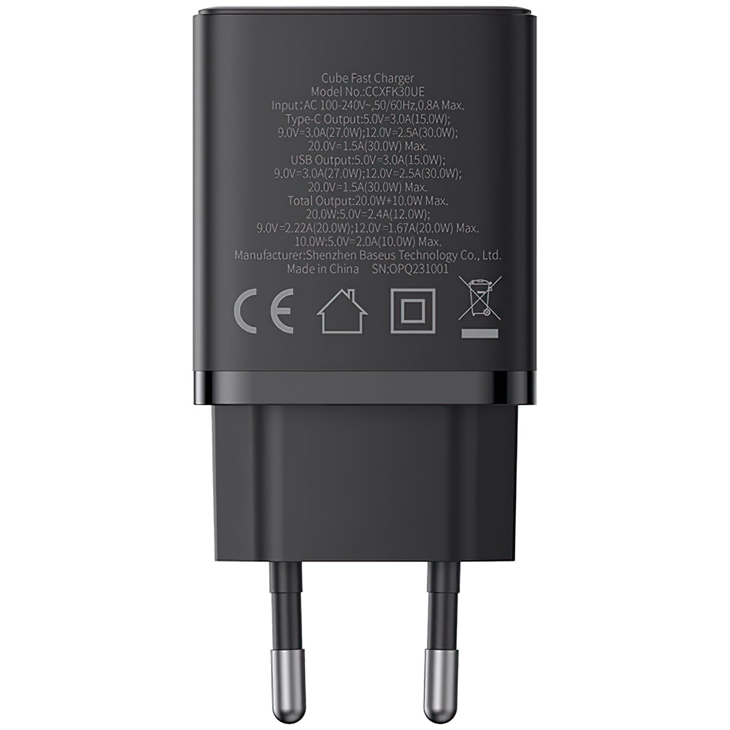Chargeur réseau Baseus Cube, 30W, 2,4A, 1 x USB-A - 1 x USB-C, Noir P10111404113113-00