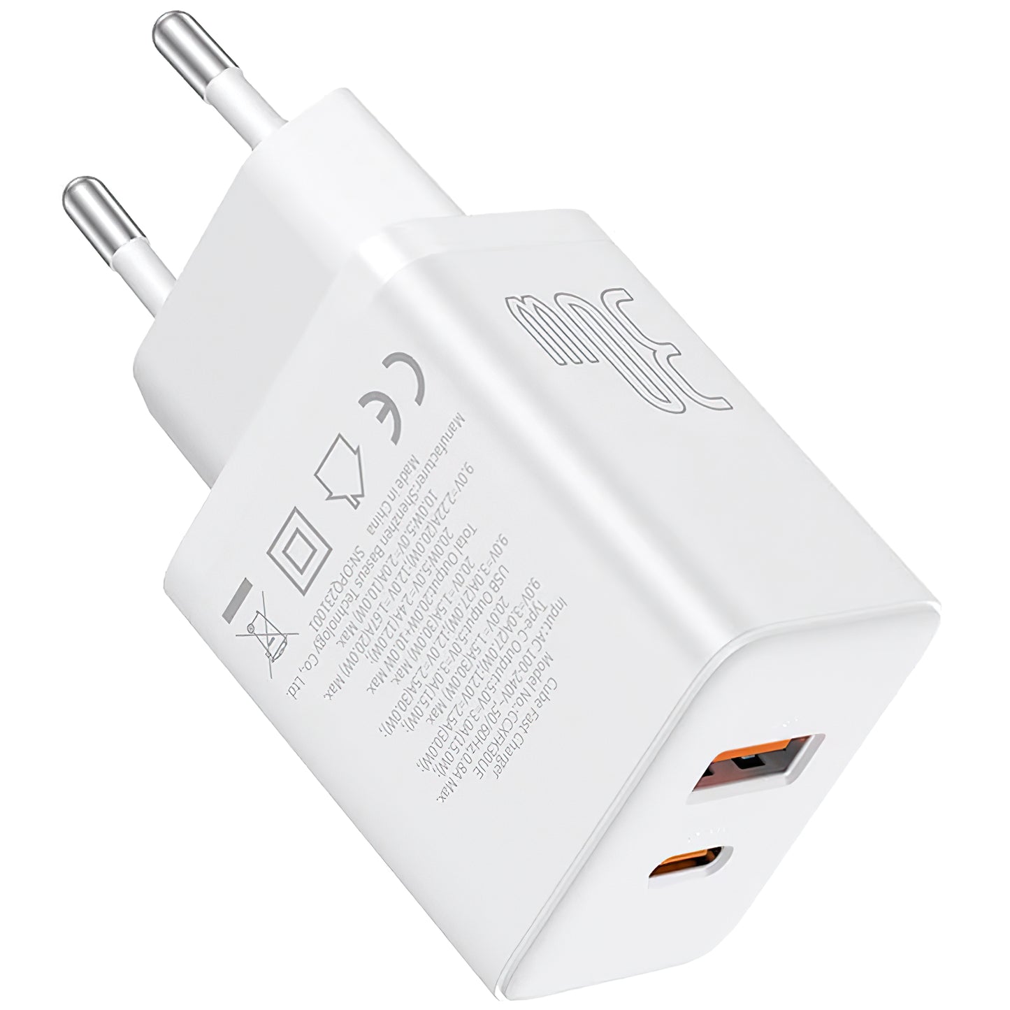 Chargeur réseau Baseus Cube, 30W, 2.4A, 1 x USB-A - 1 x USB-C, blanc P10111404213-00