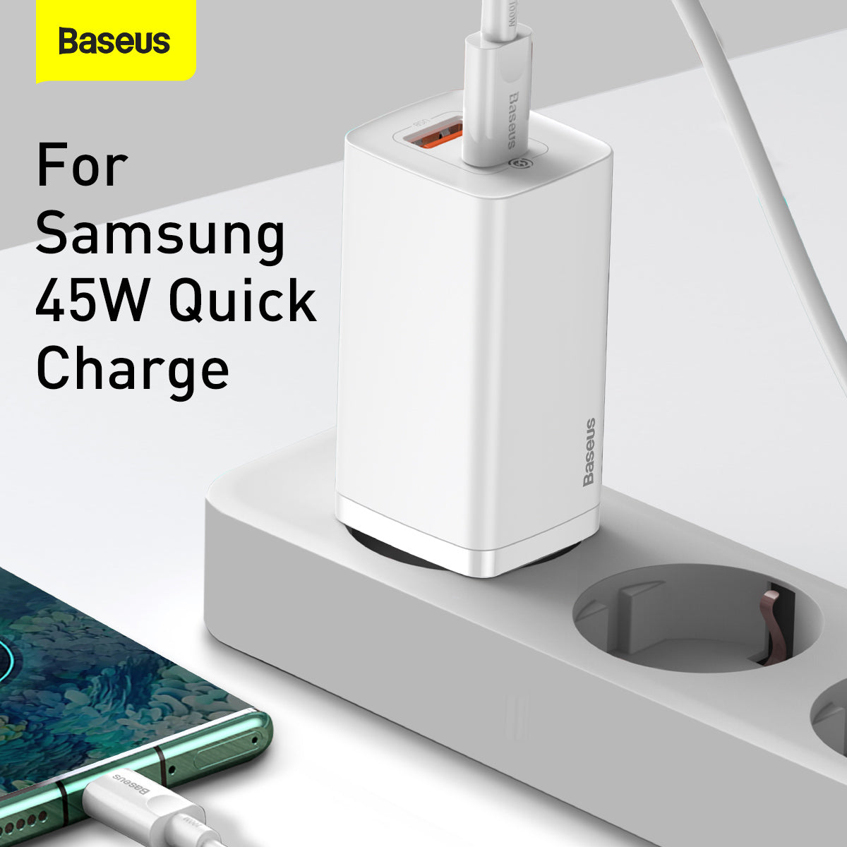Network Charger Baseus GaN2 Lite, 65W, 3A, 1 x USB-A - 1 x USB-C, White CCGAN2L-B02