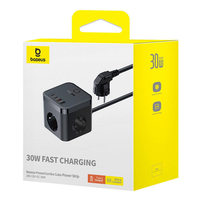 Baseus PowerCombo Cube Mehrfachstecker | 3x Schuko & 4x USB | 4000W | 1.5m | Schwarz