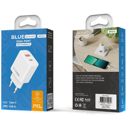 Chargeur réseau Blue Power BPCE12, 20W, 3A, 1 x USB-A - 1 x USB-C, blanc
