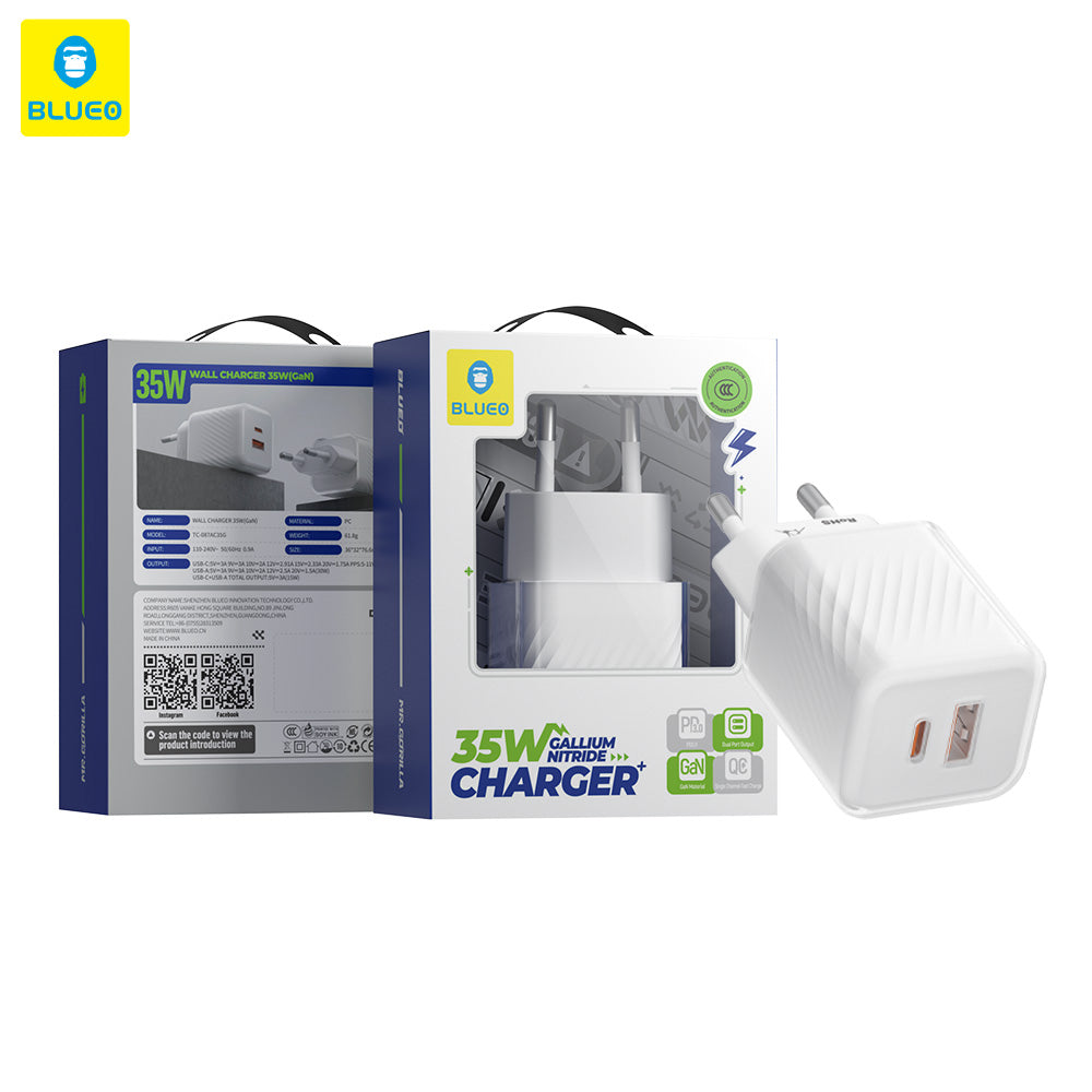Chargeur réseau Blueo, 35W, 3A, 1 x USB-A - 1 x USB-C, Blanc